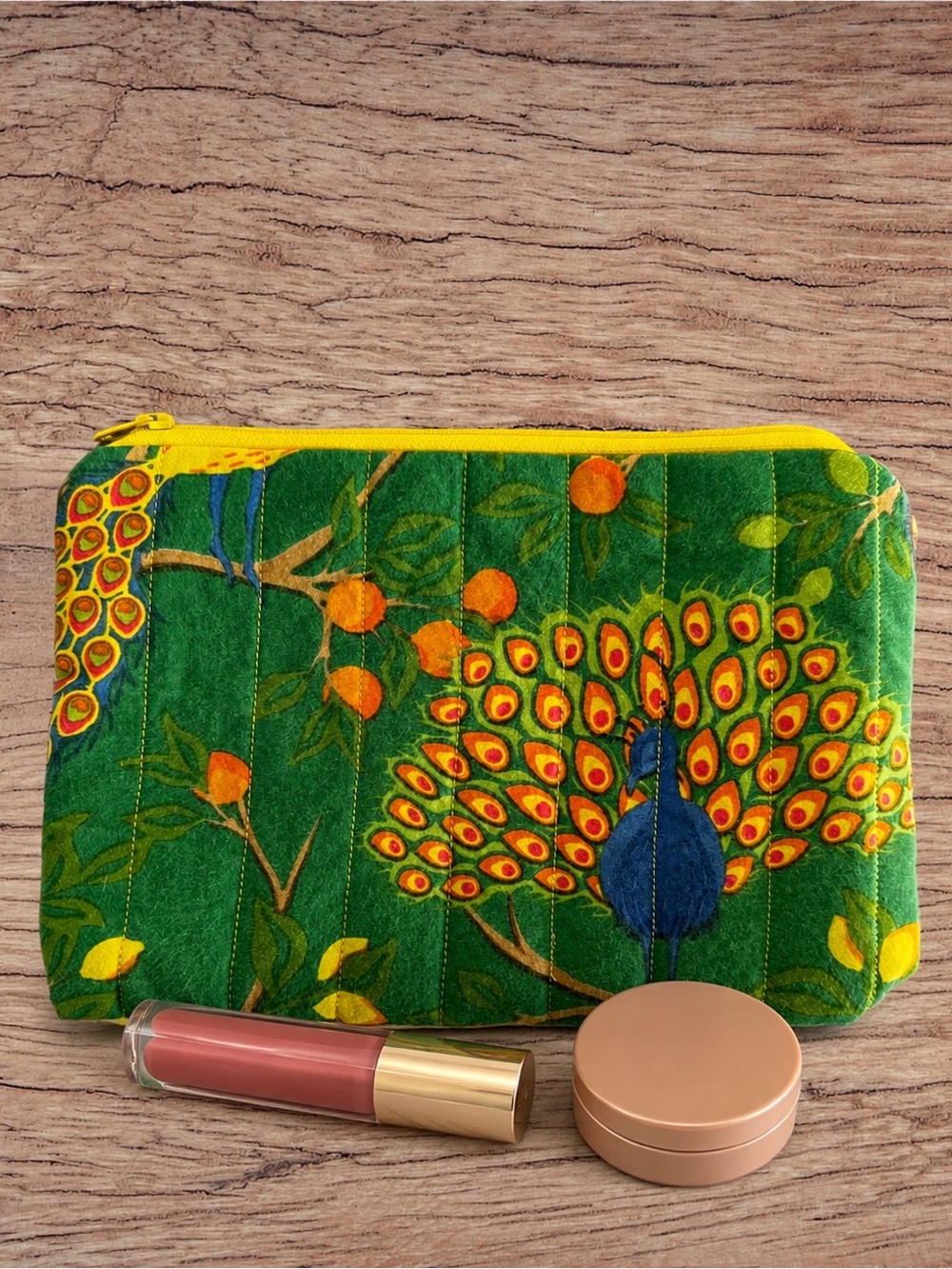 Handmade Green Peacock Print Cosmetic Pouch with Yellow Zipper